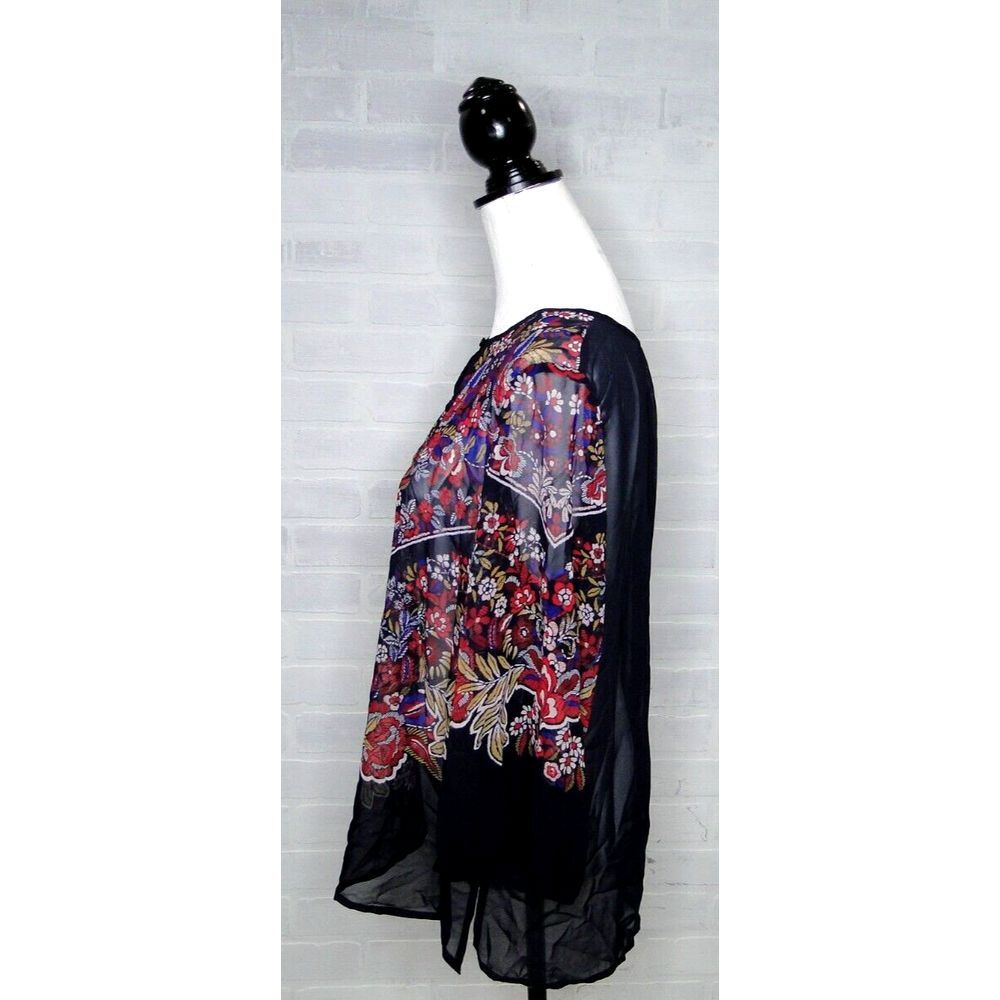 Liz Claiborne Women's Large 3/4 Length Floral Blouse Red Blue Sheer Overlay Top - Picture 2 of 6